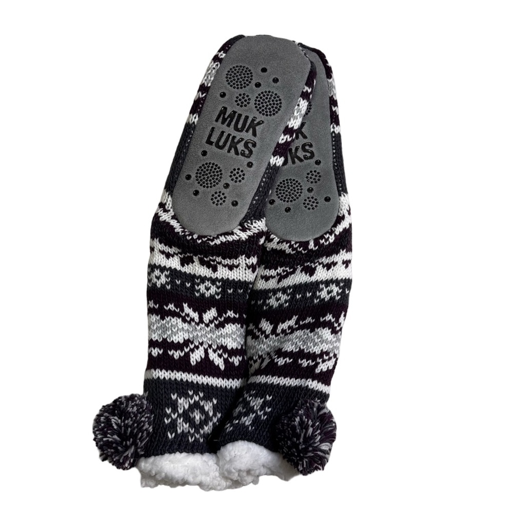 Muk Luks Women's One Size Fair Isle Cozy Slipper Socks Burgundy Gray Shea Butter - Picture 4 of 11